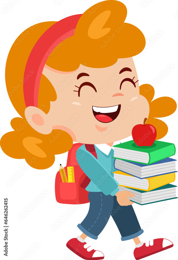 Happy School Girl Cartoon Character Goes To School With A Backpack And A Textbooks. Vector Illustration Flat Design Isolated On Transparent Background Happy School Girl Cartoon Character Goes To School With A Backpack And A Textbooks. Vector Illustration Flat Design Isolated On Transparent Background