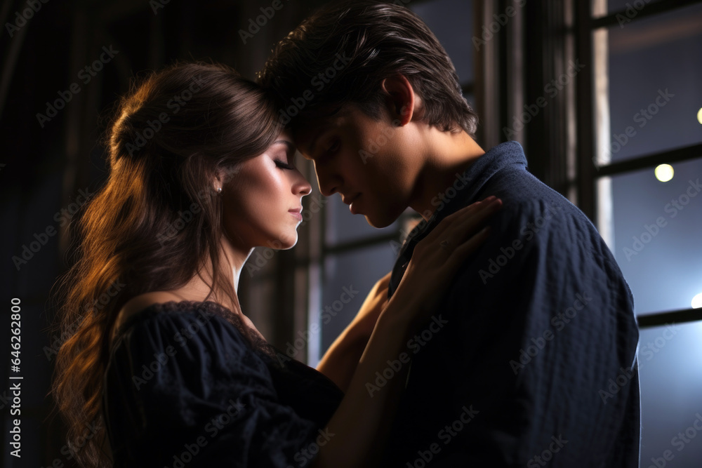 Young beautiful European couple kissing on a date in front of a dark window at night Young beautiful European couple kissing on a date in front of a dark window at night