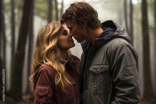 Young beautiful couple kissing on a date in the autumn park