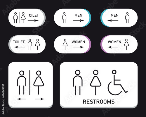 Set toilet signs. Men and women restroom icon sign right arrow. Disabled wheelchair icon. vector illustration