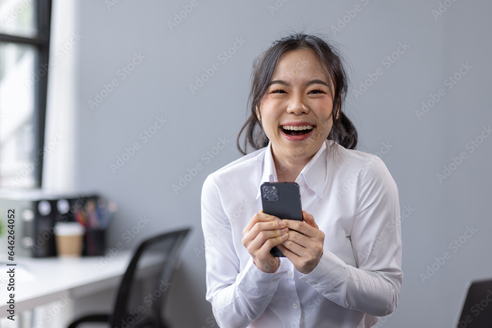 Business, achievement and asian woman with success, goals and happiness with email, new project and cheering. Female employee, consultant and entrepreneur with good news, target and deal with growth Business, achievement and asian woman with success, goals and happiness with email, new project and cheering. Female employee, consultant and entrepreneur with good news, target and deal with growth