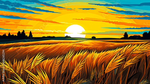 Golden wheat field and sunset or sunrise in a farmland agricultural setting with Colorful art design with thick black outlining and strong colors. Logo or banner use. © henjon