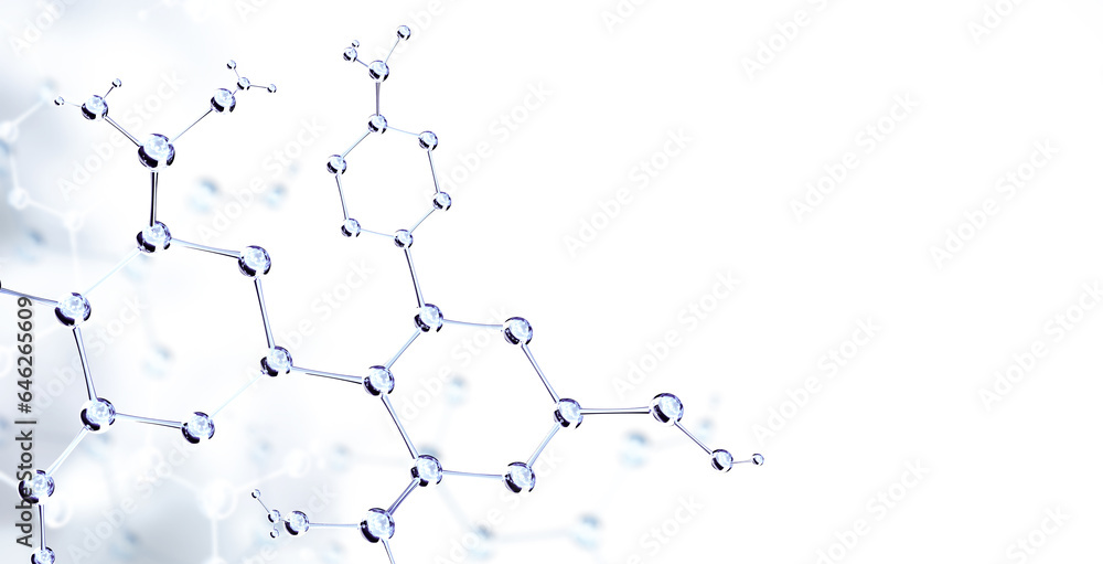 Horizontal banner with model of abstract molecular structure. Background of white color with glass atom model. 3d render Horizontal banner with model of abstract molecular structure. Background of white color with glass atom model. 3d render