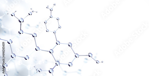 Horizontal banner with model of abstract molecular structure. Background of white color with glass atom model. 3d render