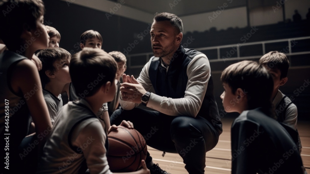 Obraz premium Basketball team listens to coach attentively. Generative AI