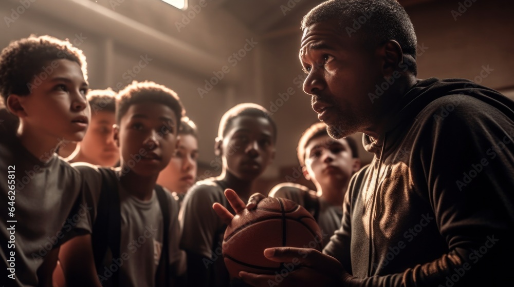 Fototapeta premium Male coach motivates young basketball team. Generative AI