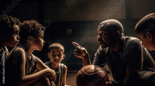 Afro male coach inspires youth basketball players. Generative A