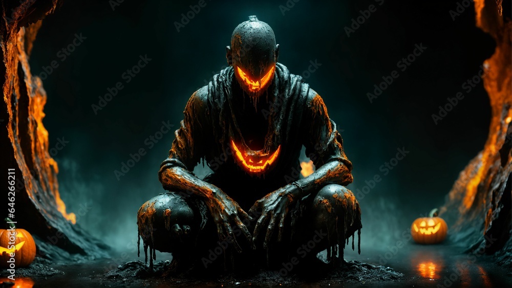Fototapeta premium Scary man holding a pumkin, in a dark cave. Monster concept, halloween.