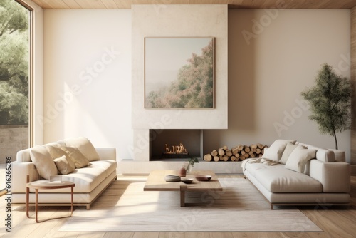 Brown leather chairs and grey sofa in room with fireplace. Mid-century style home interior design of modern living room.