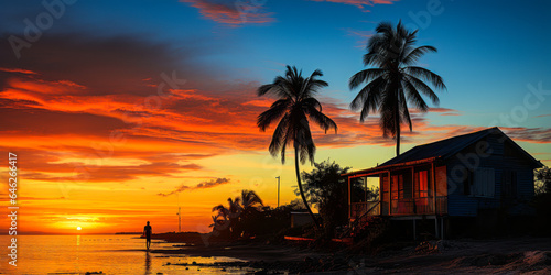 Enchanting silhouette of a traditional Jamaican shotgun house against a vibrant evening sky, capturing the essence of Caribbean architecture and culture.
