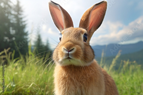 Cute little rabbit on green meadow,  Animal on nature background © Cuong