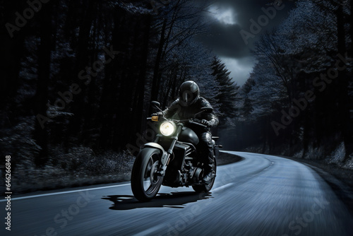 Motorcycle rider on the road in the forest at night time