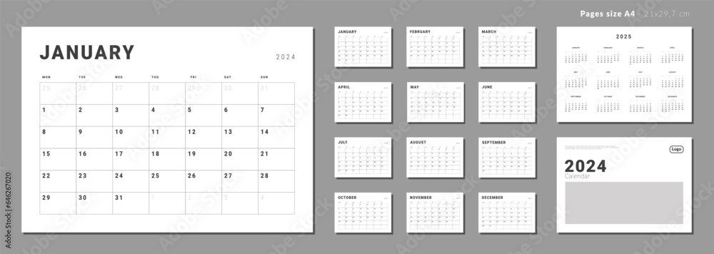 Set of Monthly pages Calendar Planner Templates 2024-2025 for wall or desk with Cover and place for Photo, Logo. Vector layout of simple calendar with week start Monday for print. Pages for size A4 Set of Monthly pages Calendar Planner Templates 2024-2025 for wall or desk with Cover and place for Photo, Logo. Vector layout of simple calendar with week start Monday for print. Pages for size A4