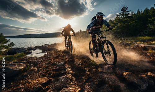 Mountain Bike cyclist riding mountain bike with friends along a trail. Pine and lake background photo
