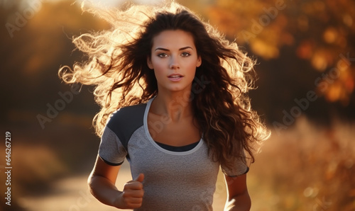 Happy sportswoman jogging in autumn park. Triathlon running, outdoor nature.