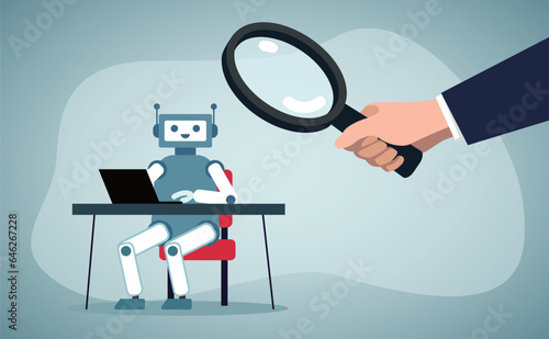 Human boss inspects AI's work ability.Manager monitoring every details, excessive supervision and control of AI work and processes.