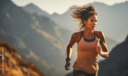 Beautiful woman running trail outdoor workout on view of mountian. living healthy lifestyle and enjoying outdoor activity.