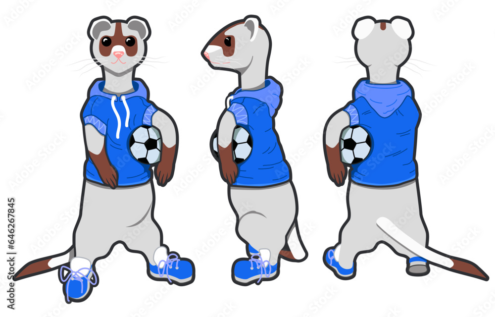Set ferret icon of an athlete with a ball. Mink mascot.