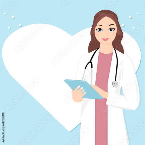 Doctor with stethoscope. Female. Vector medical illustration. Banner, template, poster, background with place for text.