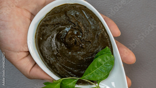 Hand holds Henna Paste with Leaves in Ceramic Bowl - top view