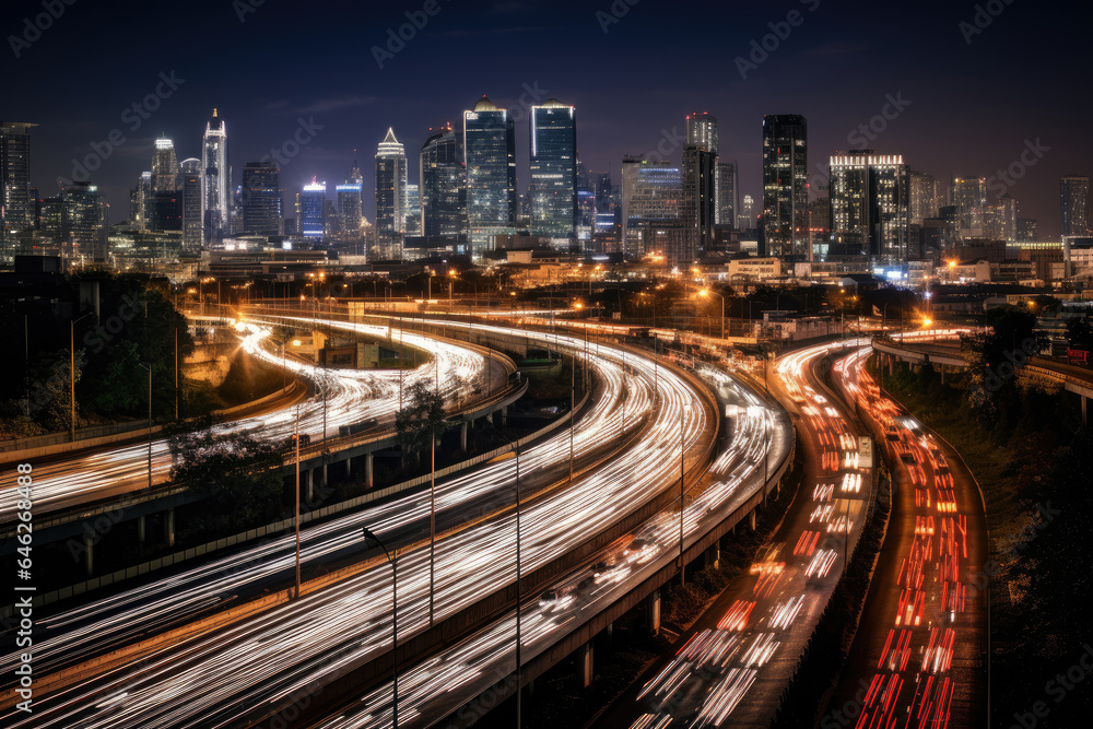 Aerial view of Road Traffic jam on multiple lane highway with speed light trail from car background, Expressway road junction in metropolis city center at night scene.