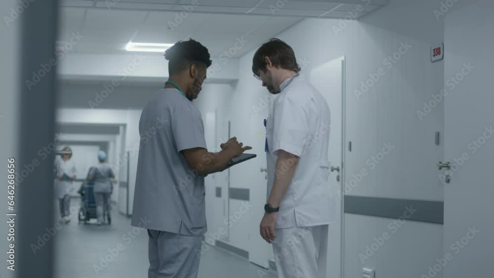 African American doctor stands in the middle of medic center hallway with his colleague. Young doctor discusses with other medic patient treatment and shows tests results on digital tablet computer. African American doctor stands in the middle of medic center hallway with his colleague. Young doctor discusses with other medic patient treatment and shows tests results on digital tablet computer.