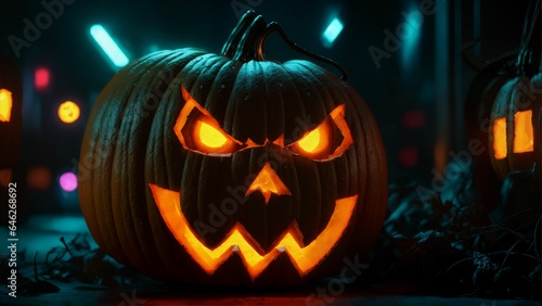 Halloween pumpkins with scary faces on dark background, glowing eye, close up jack-o-lantern 