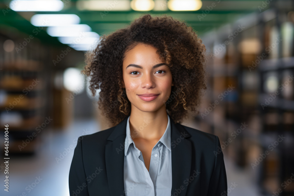Smiling multicultural businesswoman with her office in the background Smiling multicultural businesswoman with her office in the background