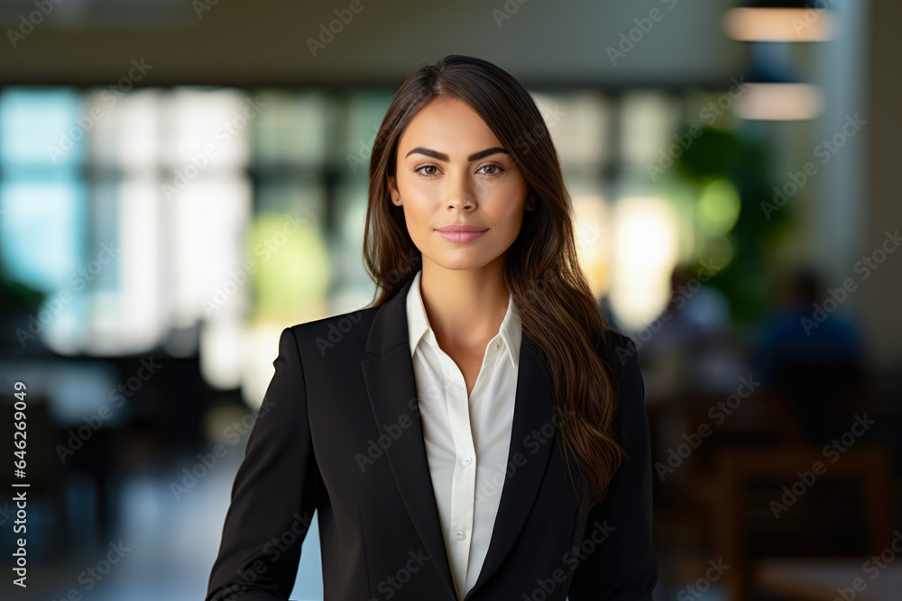 Smiling multicultural businesswoman with her office in the background Smiling multicultural businesswoman with her office in the background