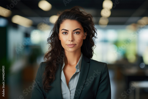 Smiling multicultural businesswoman with her office in the background