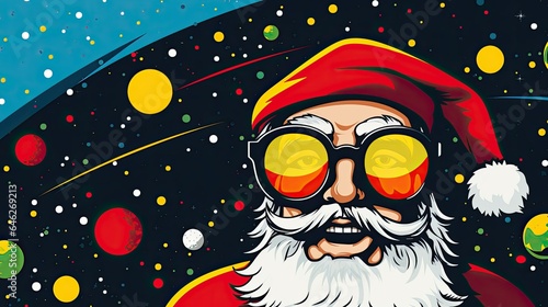 Santa Claus in sunglasses on the background of the night sky. Christmas illustration banner, ai generative 