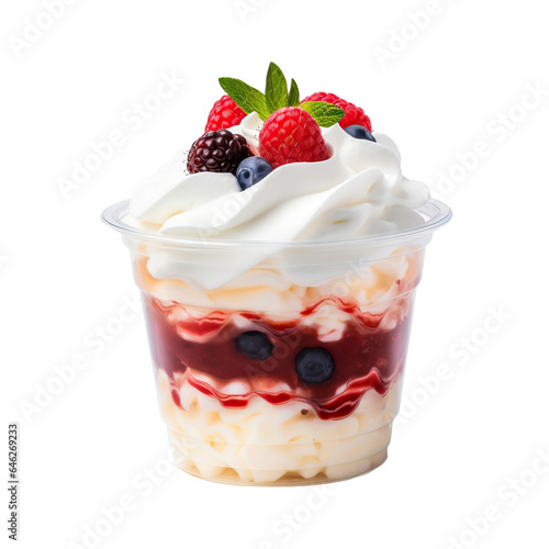 Whipped cream dessert with berries in plastic cup isolated on transparent or white background