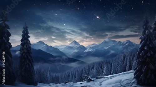 Forest on a mountain ridge covered with snow. Milky way in a starry sky. Christmas winter night.