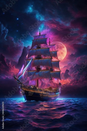As the sun dipped below the horizon, casting a golden glow over the calm sea, the old sailing ship glided gracefully across the water, its sails billowing in the gentle breeze. Generated Ai