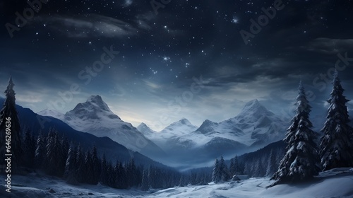Forest on a mountain ridge covered with snow. Milky way in a starry sky. Christmas winter night. © Lucky Ai