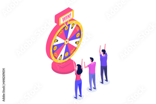 Fortune's wheel  with man and woman. Isometric vector illustration.