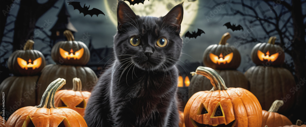 black cat surrounded by pumpkins, perfect for setting a Halloween mood black cat surrounded by pumpkins, perfect for setting a Halloween mood