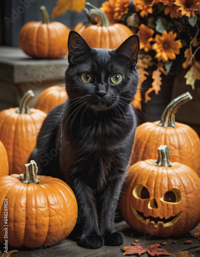 A spooky image featuring a black cat surrounded by pumpkins, perfect for setting a Halloween mood  © Adriana Nikolova