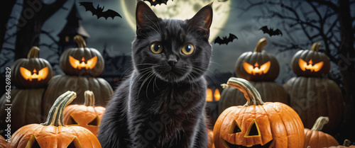 A spooky image featuring a black cat surrounded by pumpkins, perfect for setting a Halloween mood 