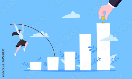 Busineswoman jumps pole vault over graph bars flat style design vector illustration business concept. Business growth and goal achievement concept.