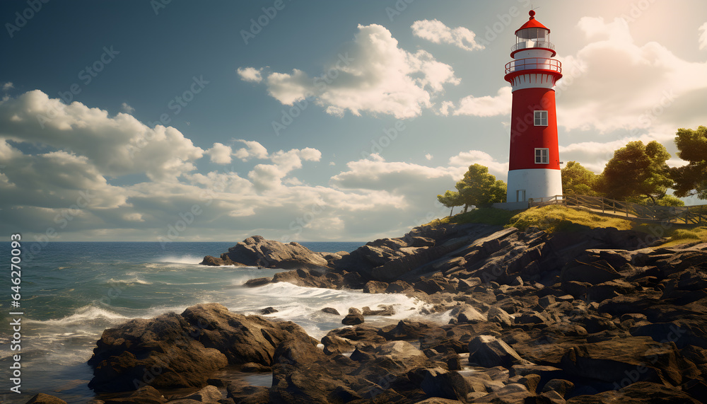Lighthouse on seashore with a beam of light shining out to sea. Generative AI