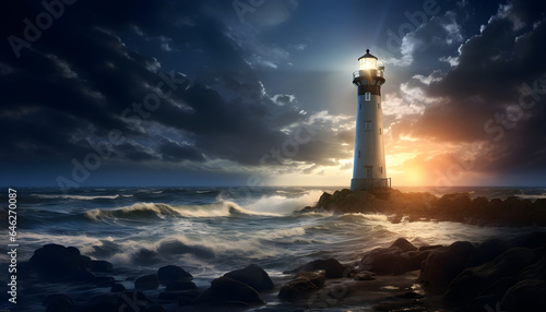 Lighthouse on seashore with a beam of light shining out to sea. Generative AI