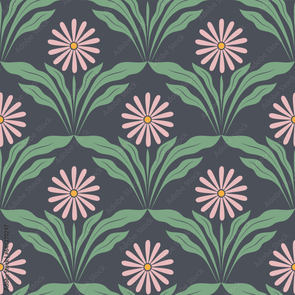 Seamless pattern with Art Deco flowers in an abstract tile style. Perfect for fabric or wrapping. Seamless pattern with Art Deco flowers in an abstract tile style. Perfect for fabric or wrapping.