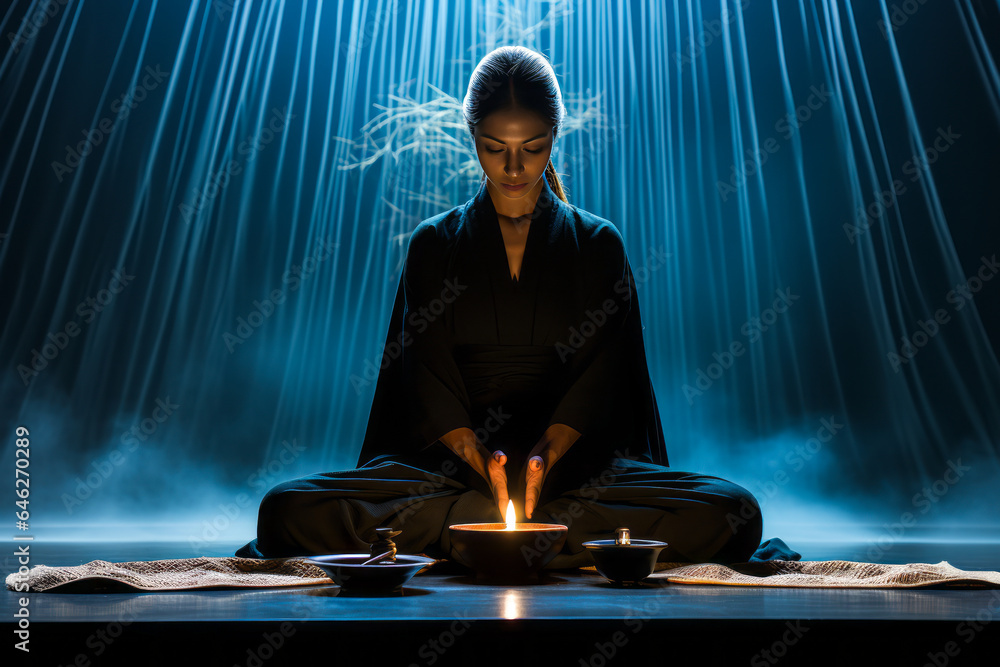 Enigmatic Japanese fortune teller in minimalist modern attire, intuitively gazing into a smoky incense burner against plain background. - obrazy, fototapety, plakaty 