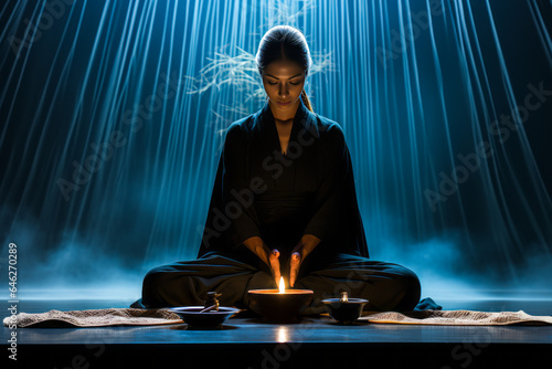 Enigmatic Japanese fortune teller in minimalist modern attire, intuitively gazing into a smoky incense burner against plain background.