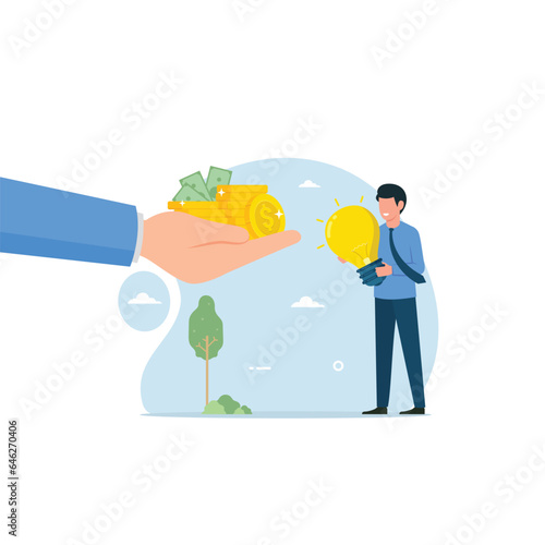 Businessman selling ideas with holding a light bulb. Businessman selling services illustration concept