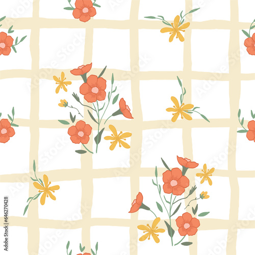 Cottagecore plaid gingham print wallpaper with red floral seamless pattern.