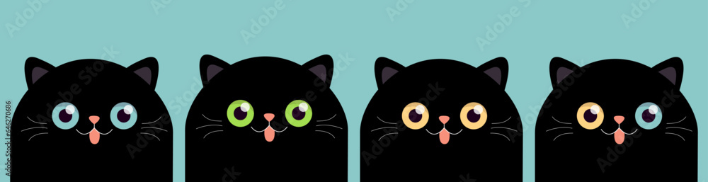 Black cat set. Face head silhouette. Blue, yellow, green eyes. Cute cartoon baby character. Kawaii pet animal. Funny kitten. Pink nose, ears, tongue. Sticker print. Flat design. Blue background.