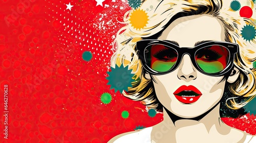 Beautiful girl in sunglasses on red background with stars. Vector illustration banner, ai generative 