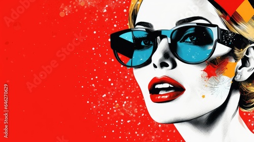 Portrait of a beautiful young woman in sunglasses on a red background. illustration banner, ai generative 